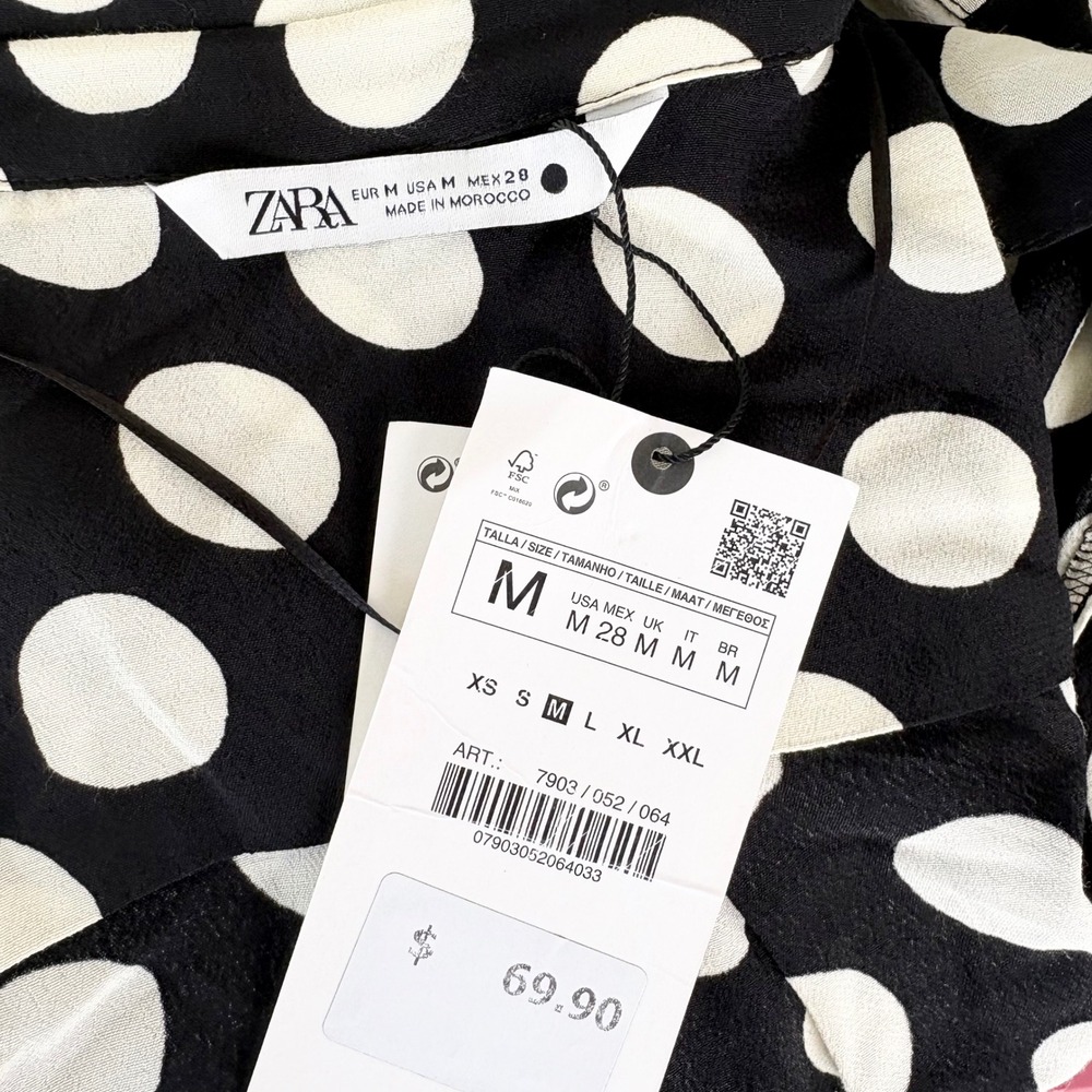 NEW Zara Polka Dot Wrap Long Sleeve Mini Dress Women M Black White Preppy - Picture 4 of 11